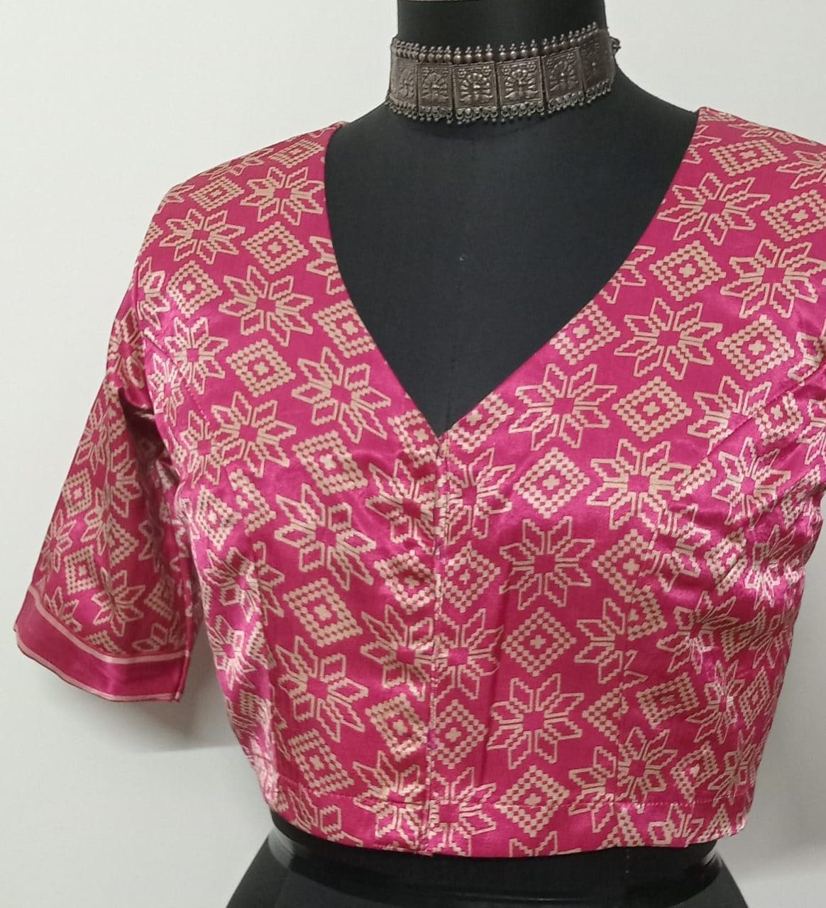 Pink Ikat Print Gaji Silk Readymade Blouse