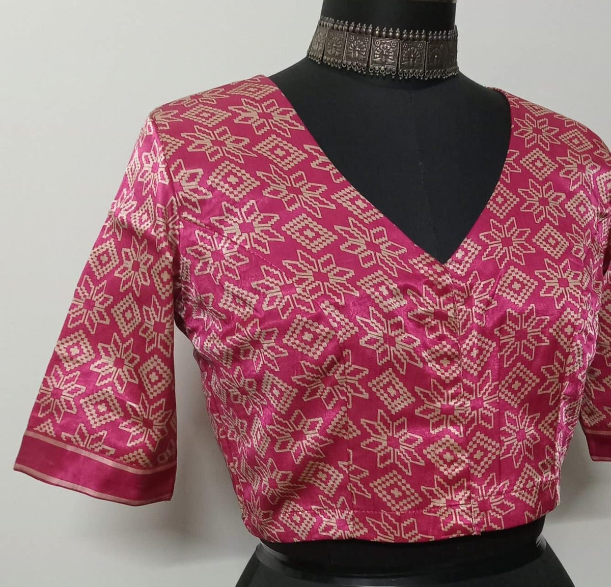 Pink Ikat Print Gaji Silk Readymade Blouse