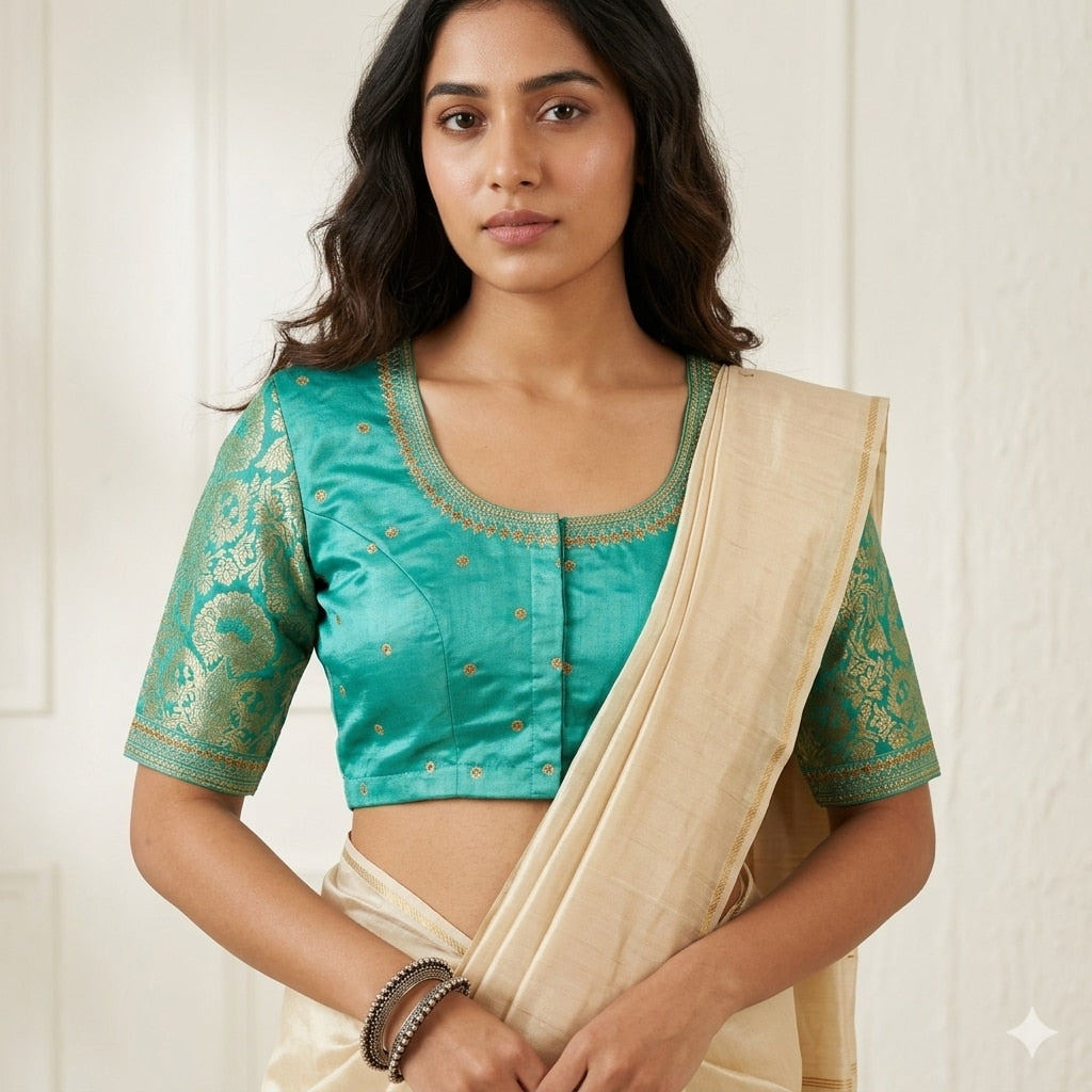 Pista Green Silk Brocade Sleeves Aari Work Readymade Blouse