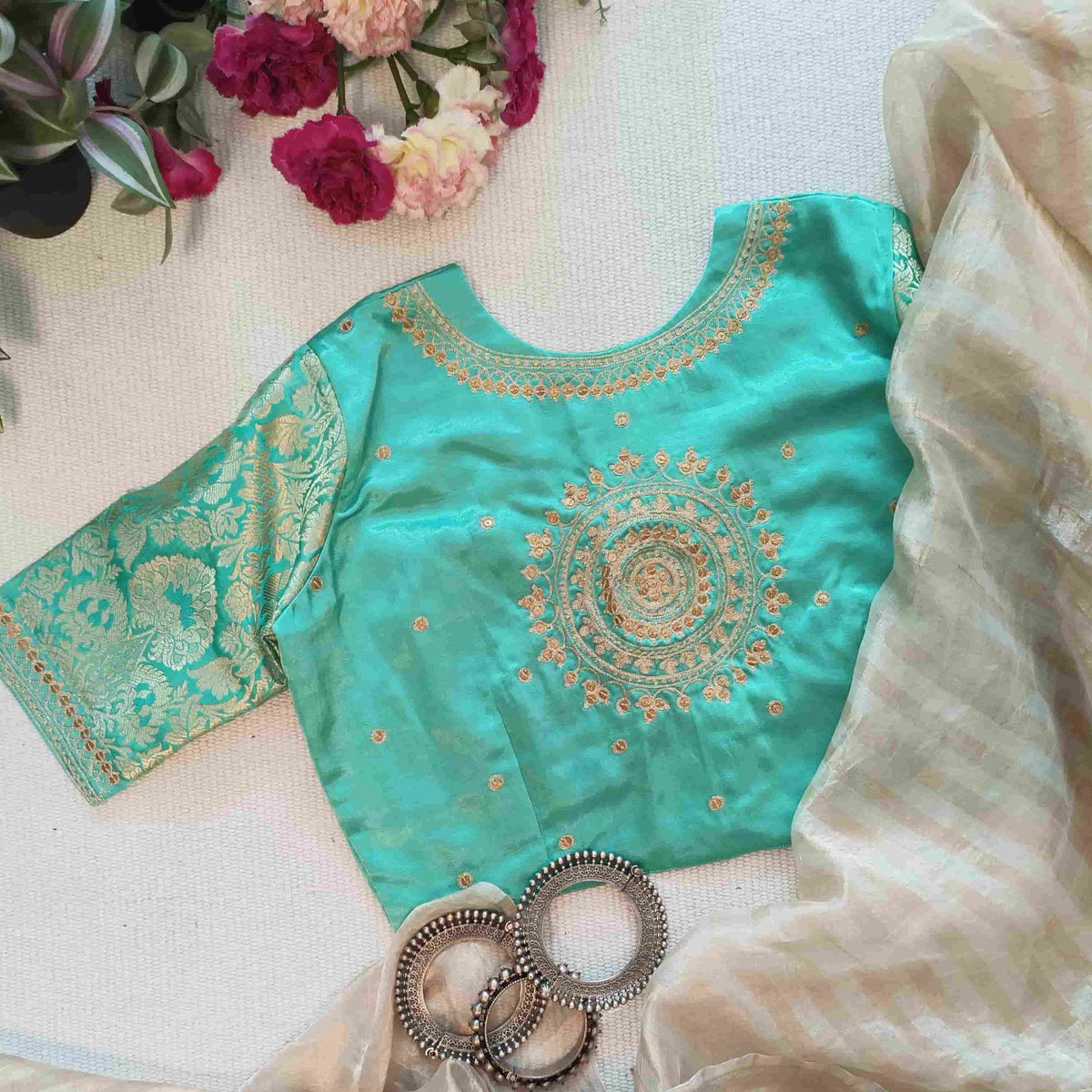Pista Green Silk Brocade Sleeves Aari Work Readymade Blouse