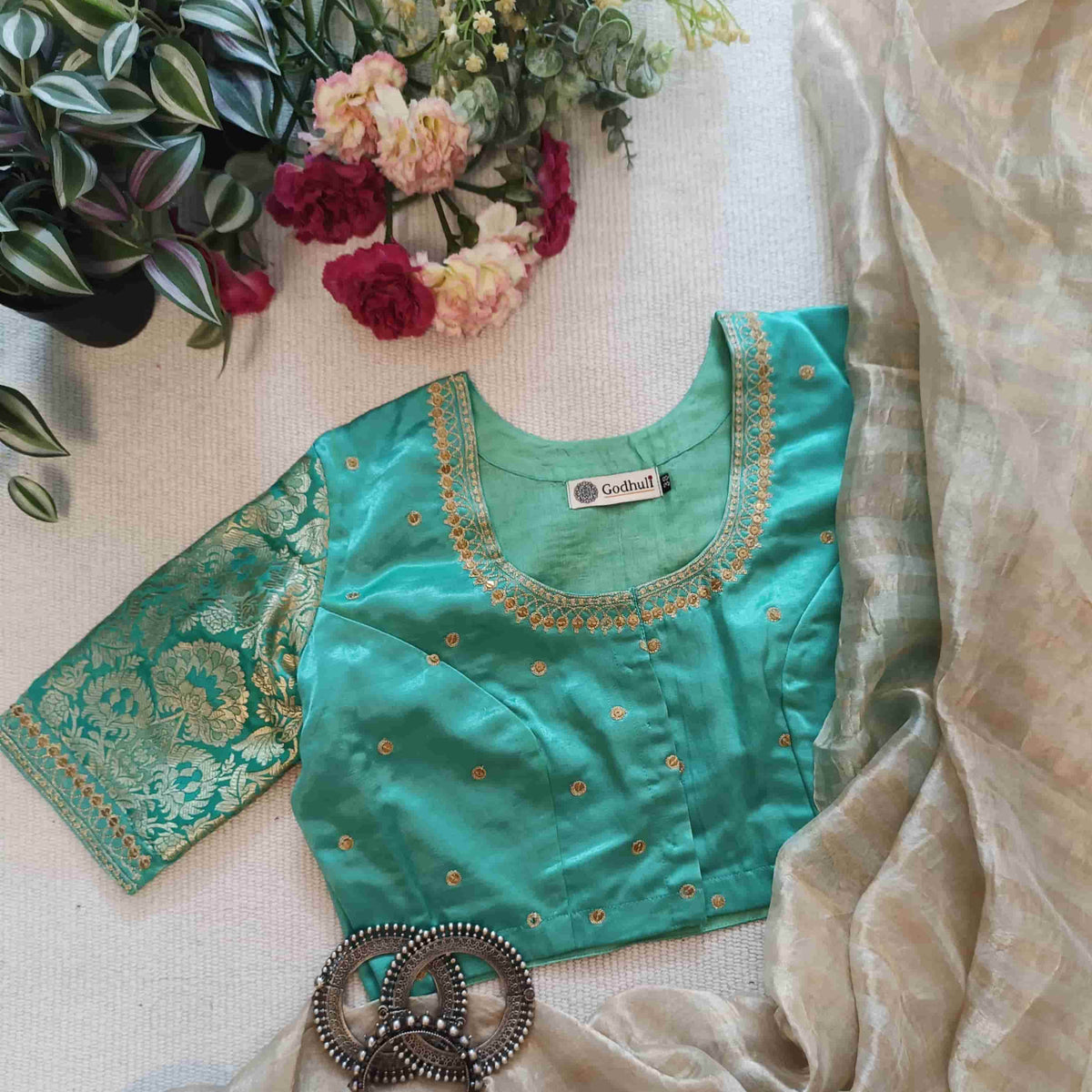 Pista Green Silk Brocade Sleeves Aari Work Readymade Blouse