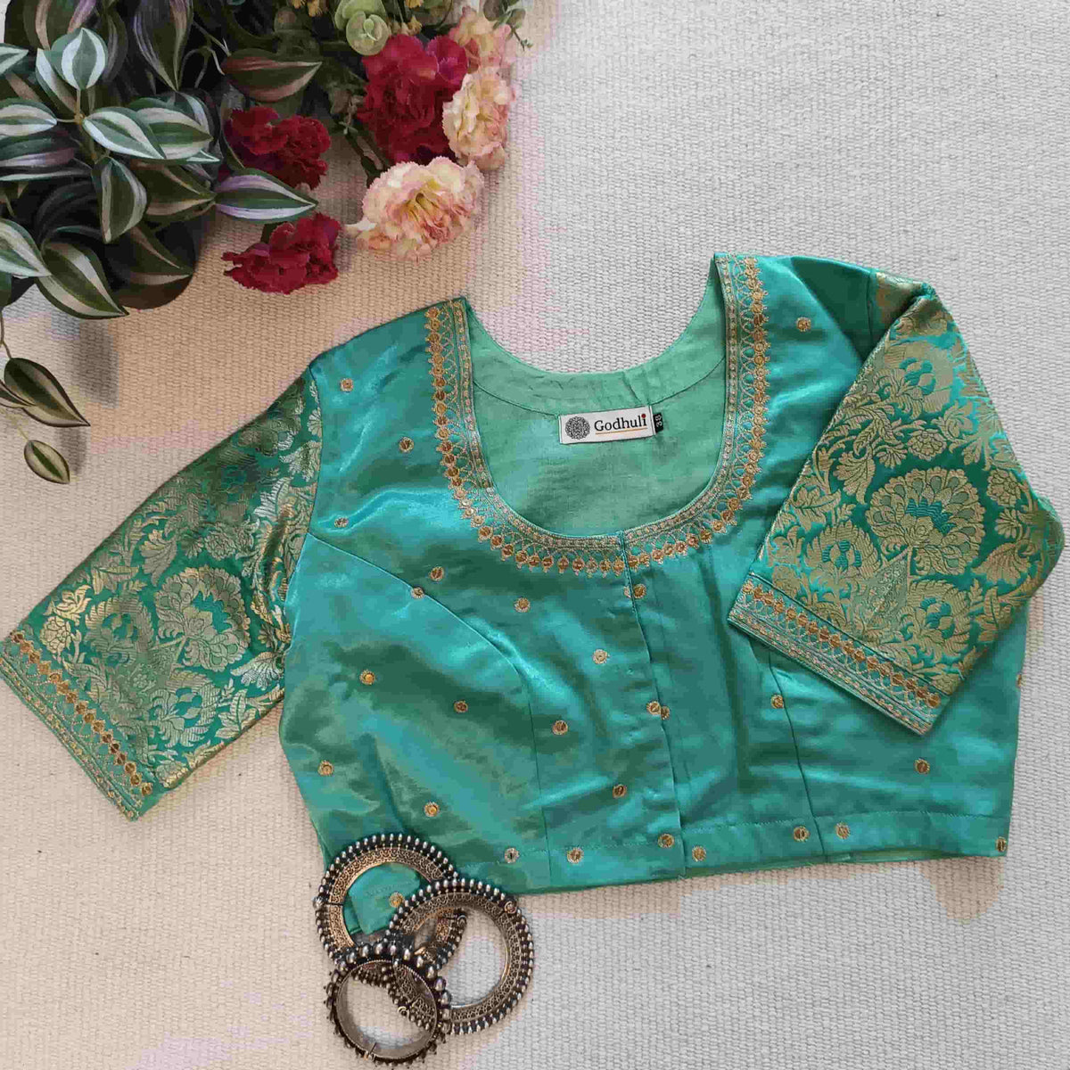 Pista Green Silk Brocade Sleeves Aari Work Readymade Blouse