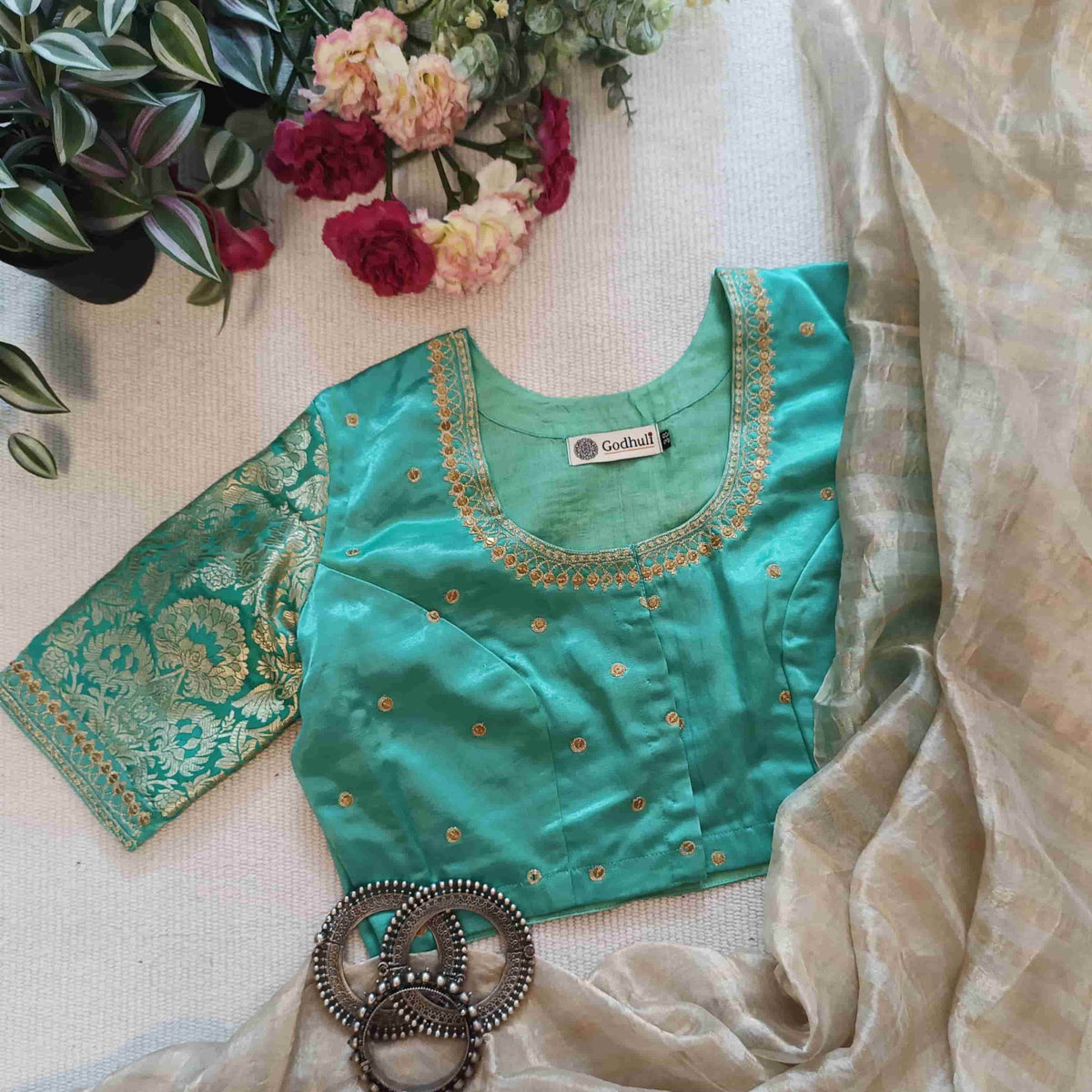 Pista Green Silk Brocade Sleeves Aari Work Readymade Blouse