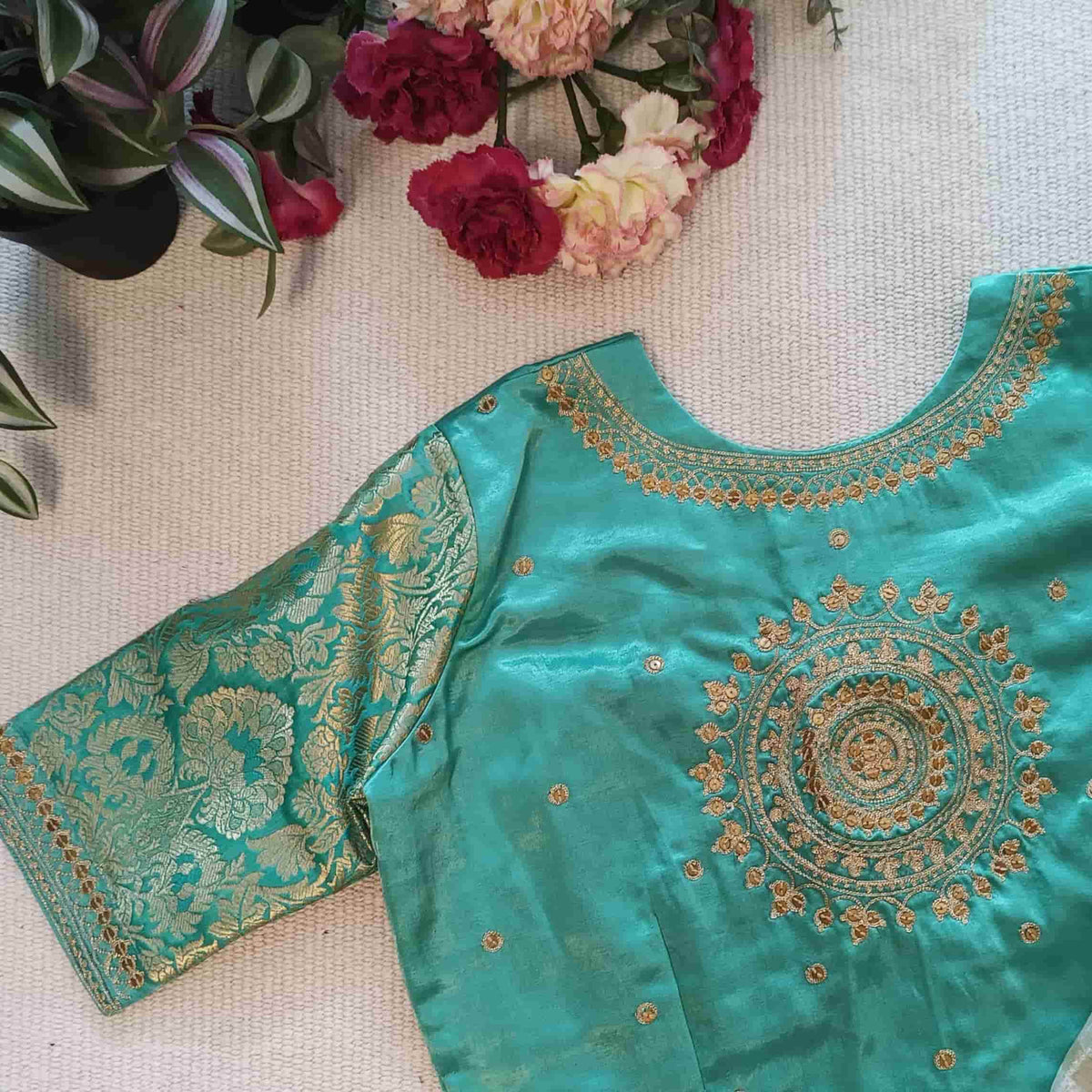 Pista Green Silk Brocade Sleeves Aari Work Readymade Blouse