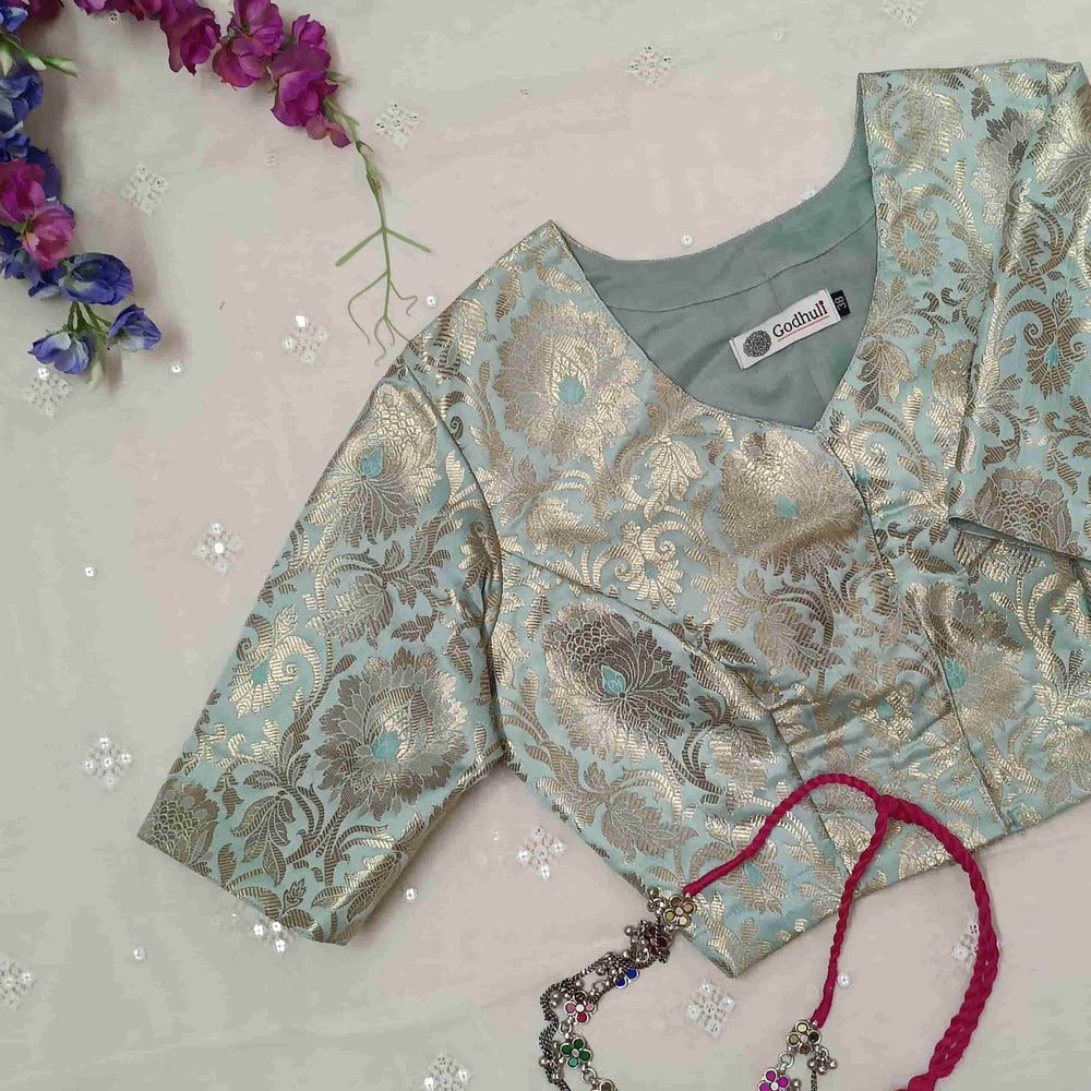 Powder Blue Jaal Banarasi Brocade Readymade Blouse | Godhuli