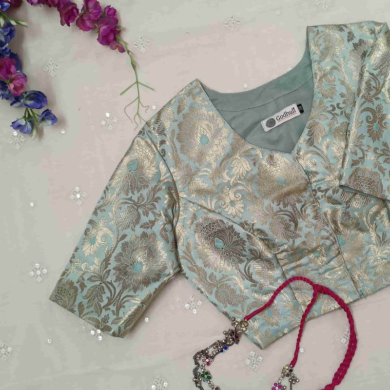 Powder Blue Jaal Banarasi Brocade Readymade Blouse | Godhuli
