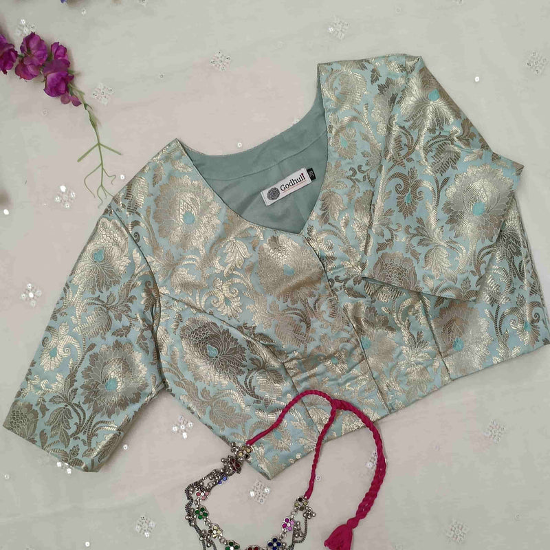 Powder Blue Jaal Banarasi Brocade Readymade Blouse | Godhuli