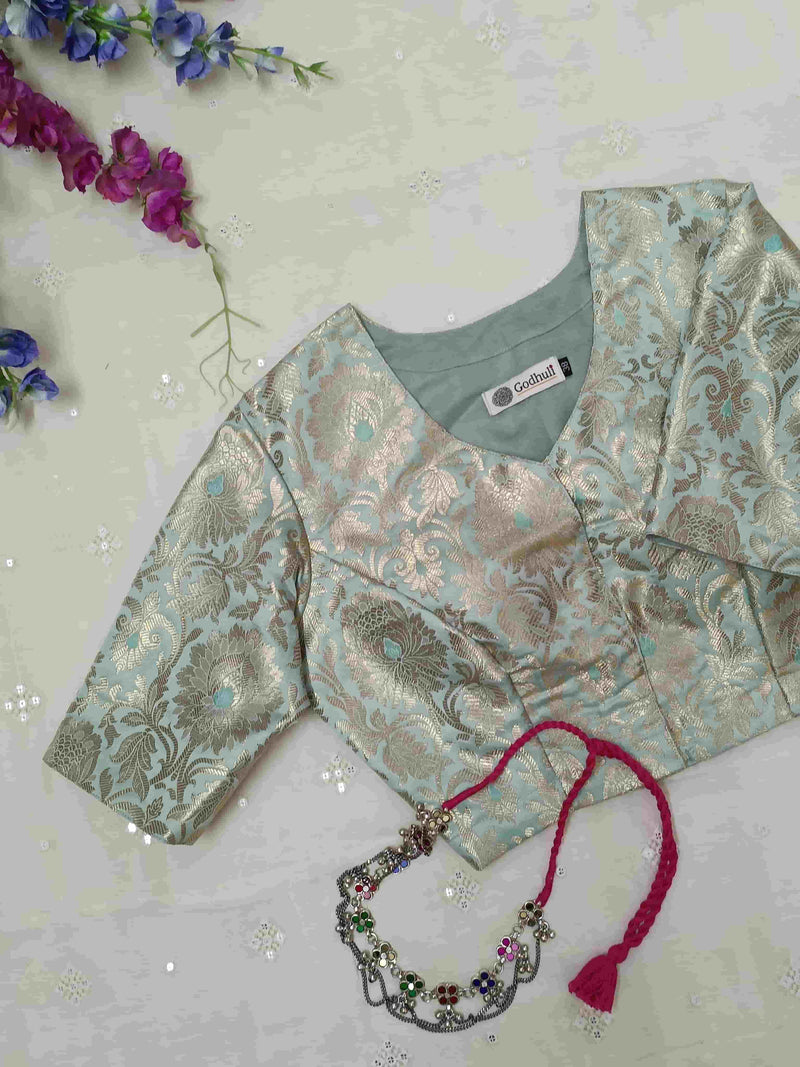 Powder Blue Jaal Banarasi Brocade Readymade Blouse | Godhuli