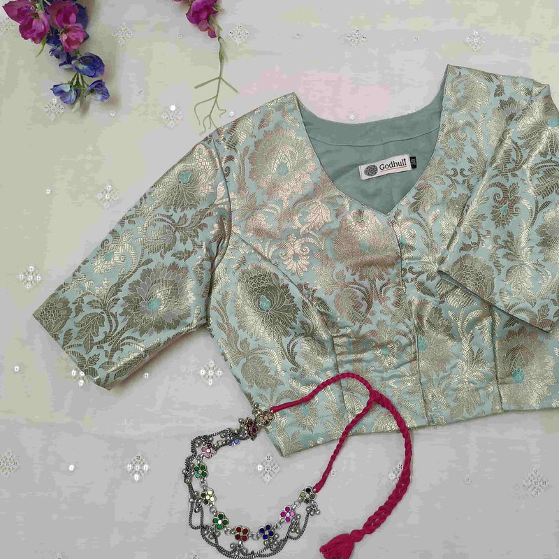 Powder Blue Jaal Banarasi Brocade Readymade Blouse | Godhuli