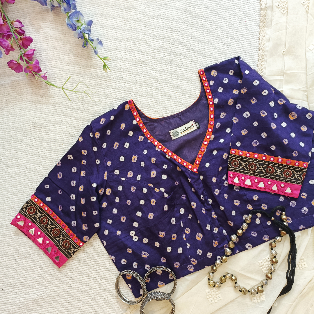 Purple Bandhani Blouse with Mirror Work
