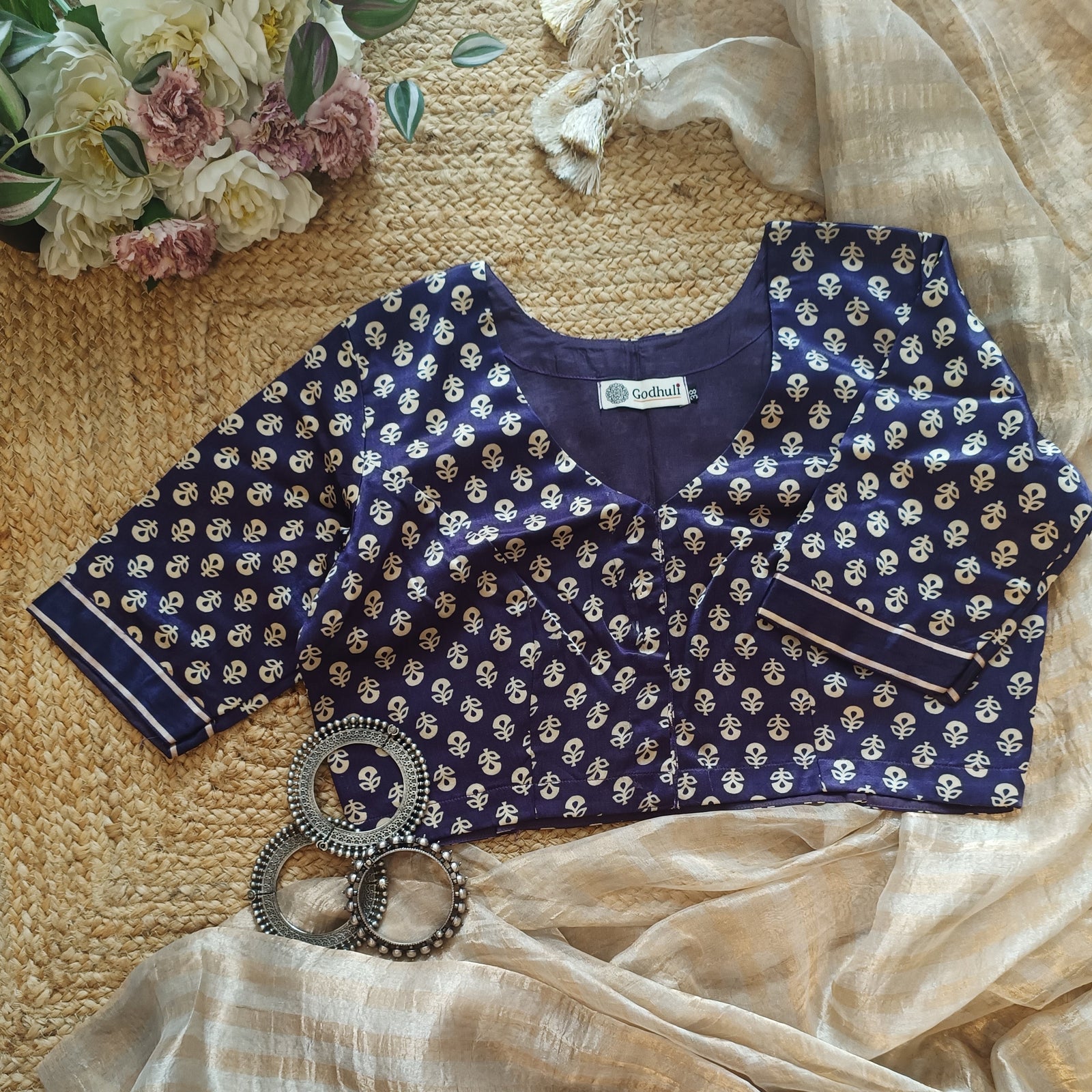 Purple Flower Motif Gaji Silk Blouse