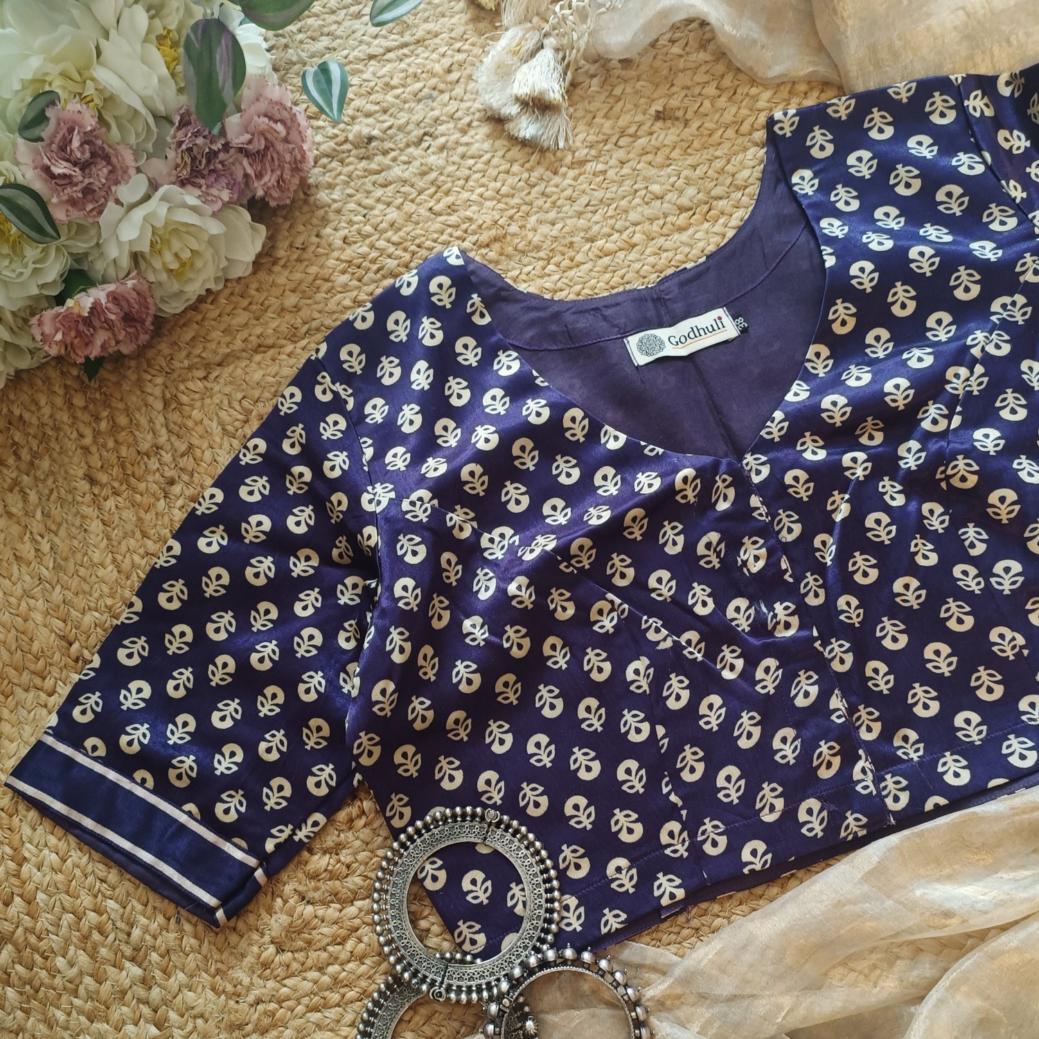 Purple Flower Motif Gaji Silk Blouse