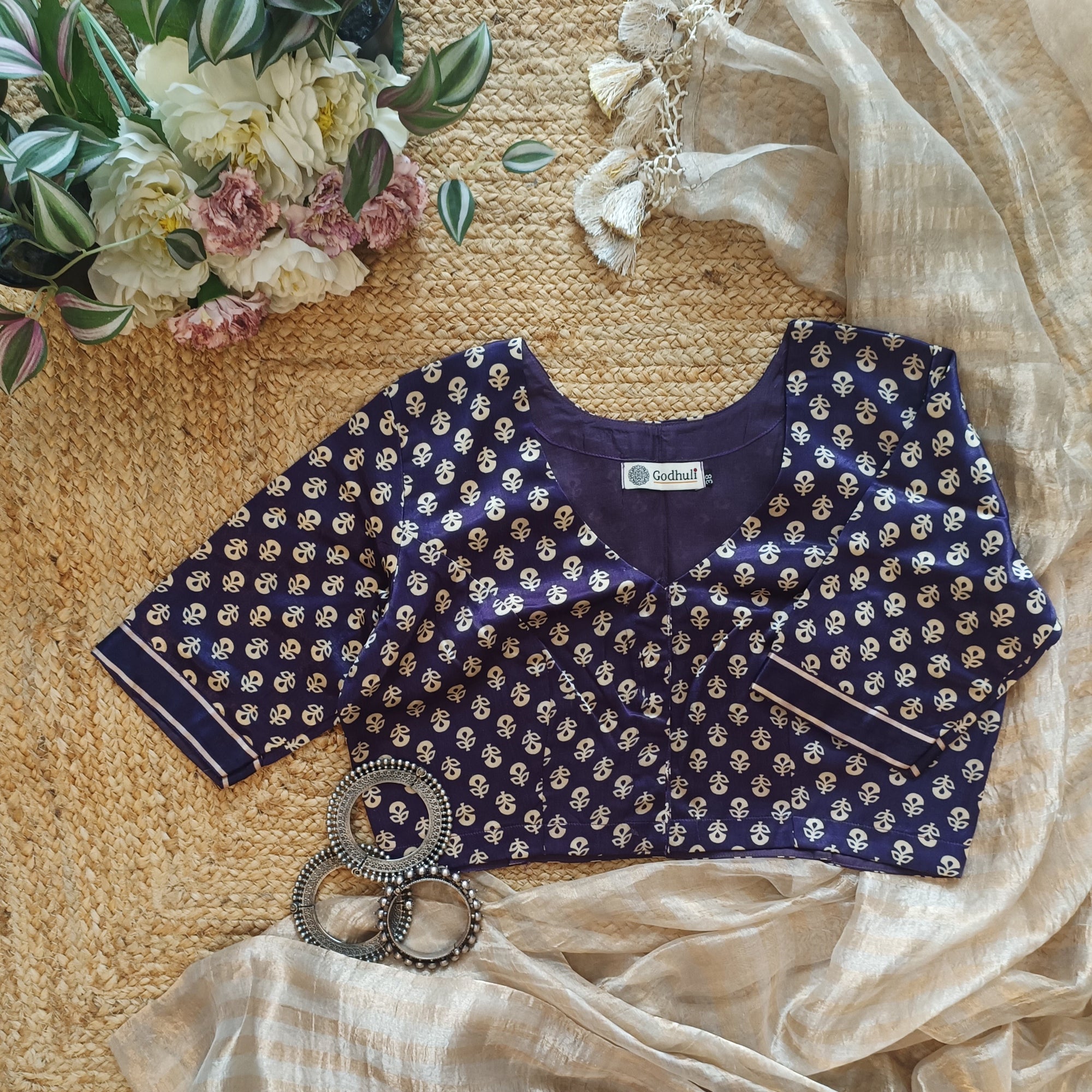 Purple Flower Motif Gaji Silk Blouse