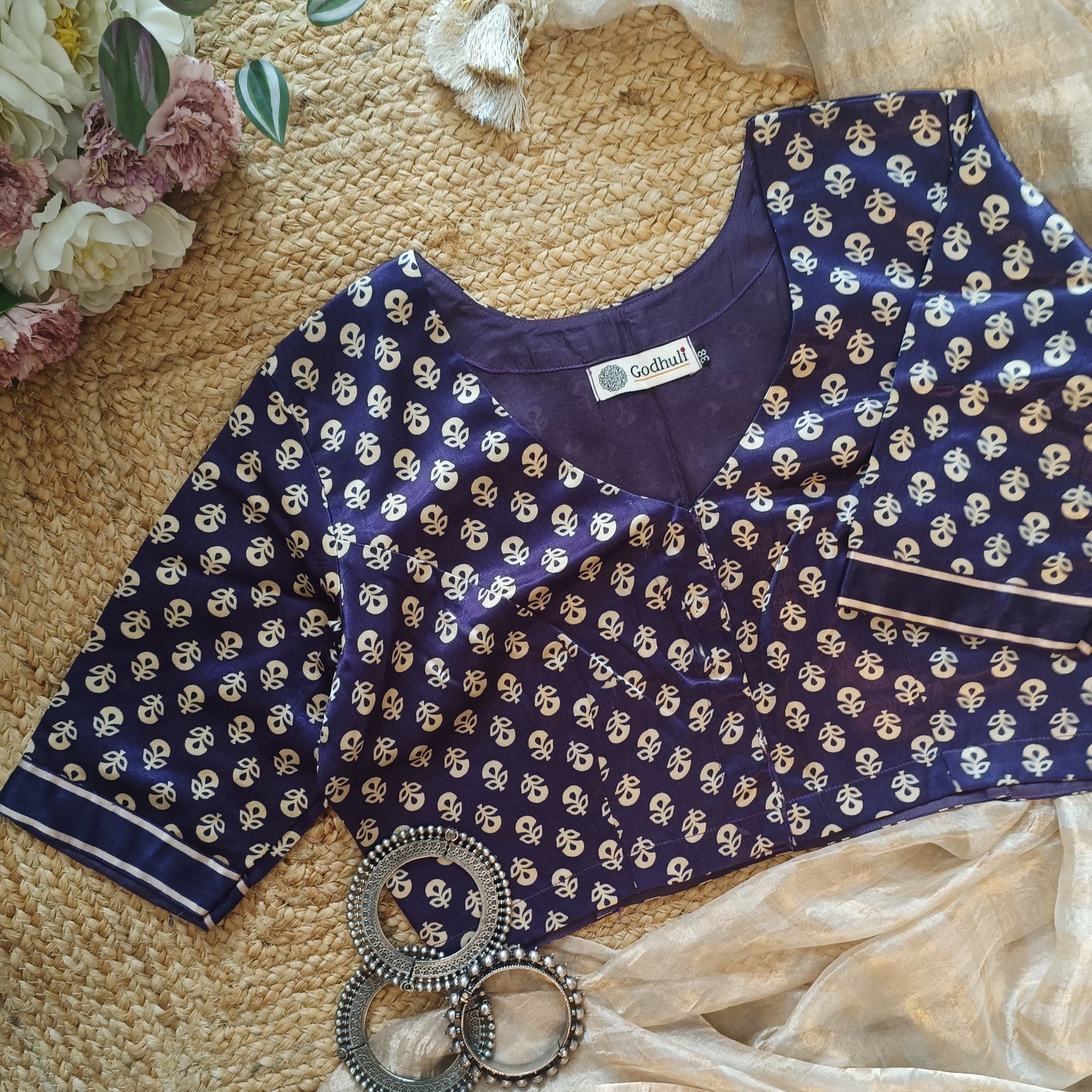 Purple Flower Motif Gaji Silk Blouse
