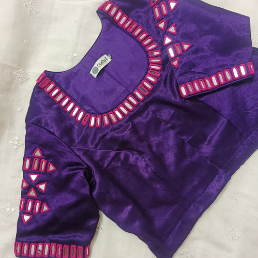  Purple Gaji Silk Blouse with Rani Mirror Work