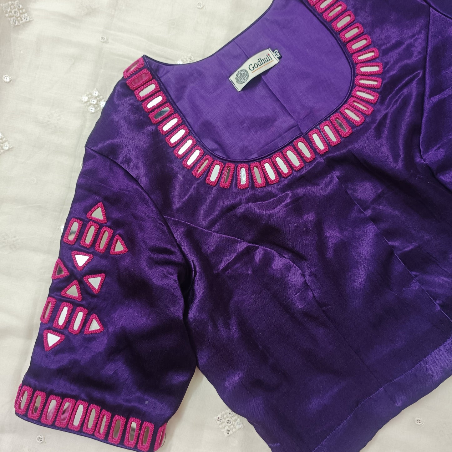  Purple Gaji Silk Blouse with Rani Mirror Work