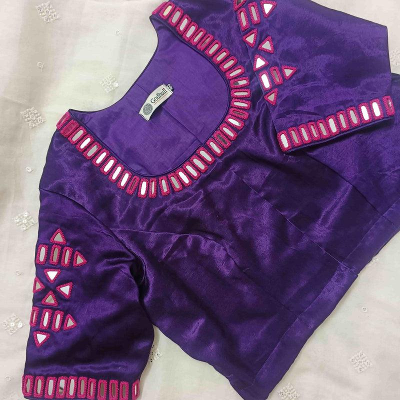Purple Gaji Silk Readymade Blouse with Rani Mirror Work | Godhuli