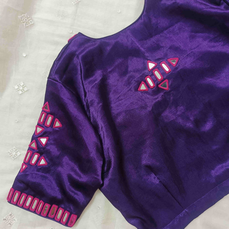 Purple Gaji Silk Readymade Blouse with Rani Mirror Work | Godhuli