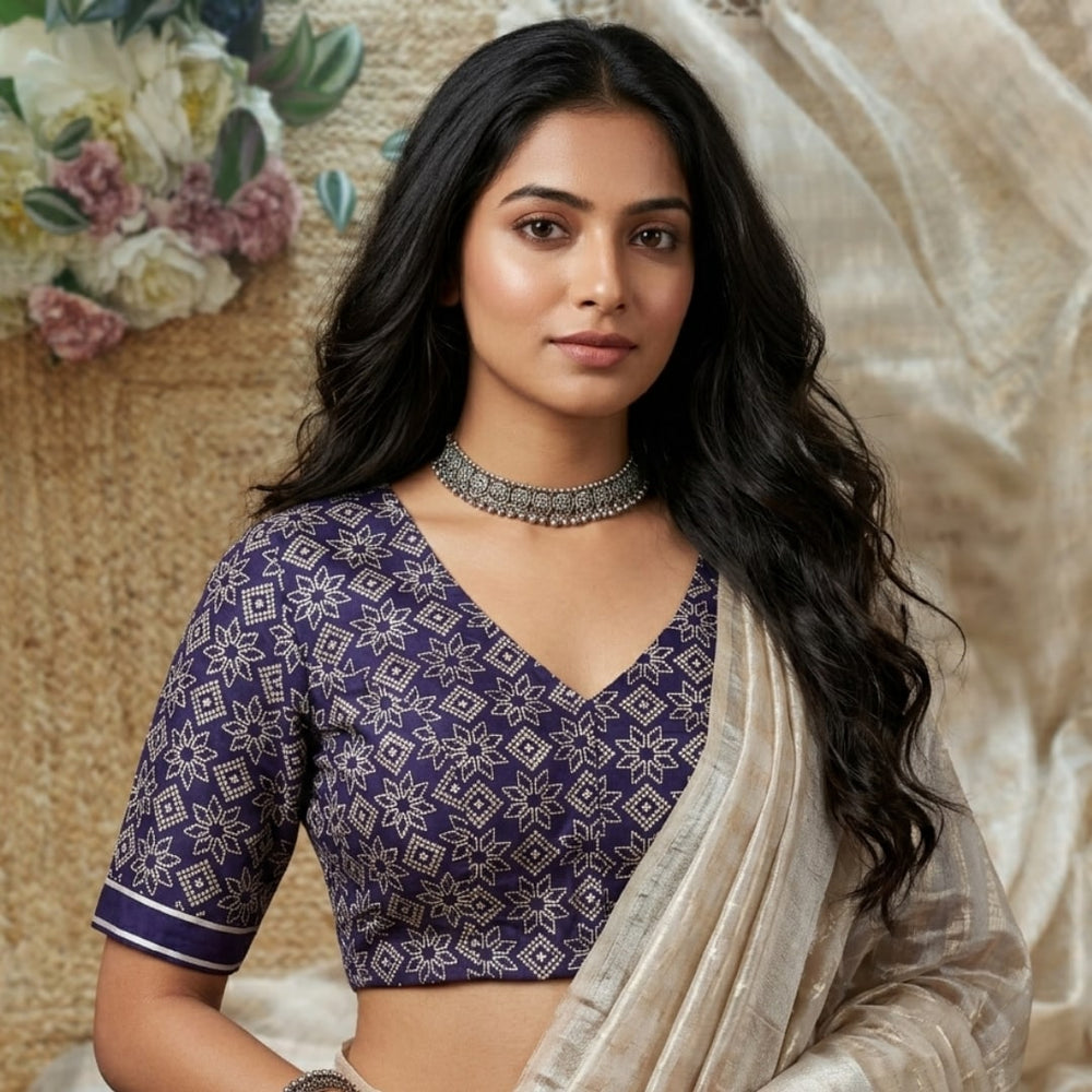 Purple Ikat Print Gaji Silk Readymade Blouse | Godhuli