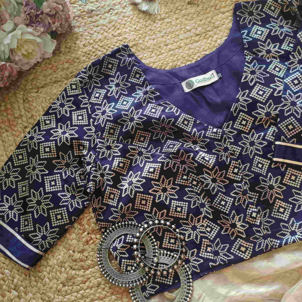 Purple Ikat Print Gaji Silk Readymade Blouse | Godhuli