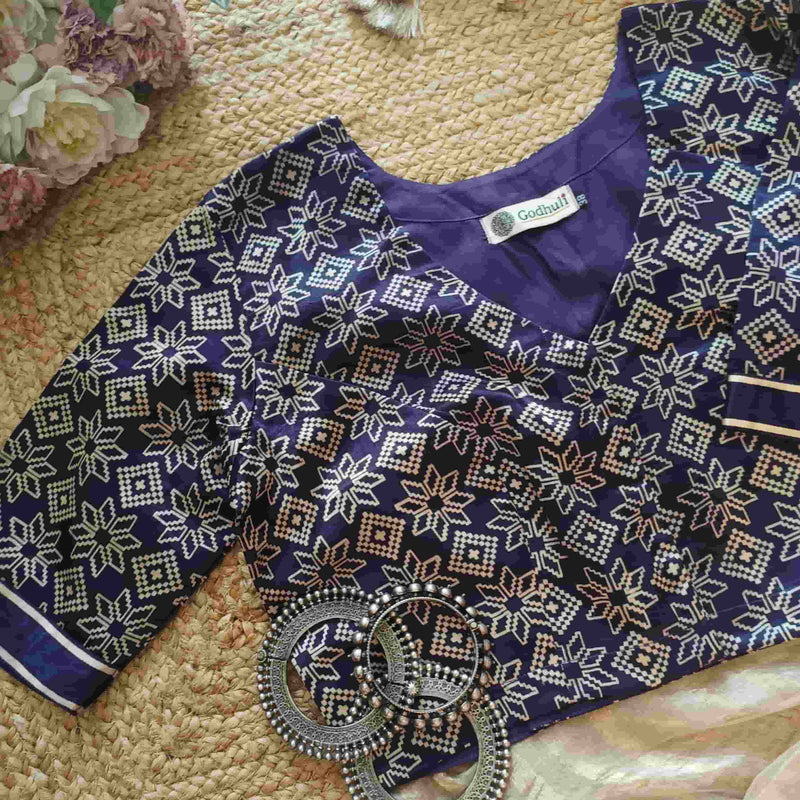 Purple Ikat Print Gaji Silk Readymade Blouse | Godhuli