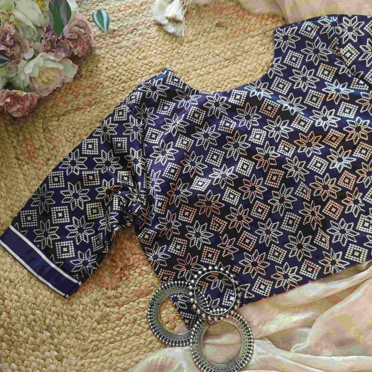 Purple Ikat Print Gaji Silk Readymade Blouse