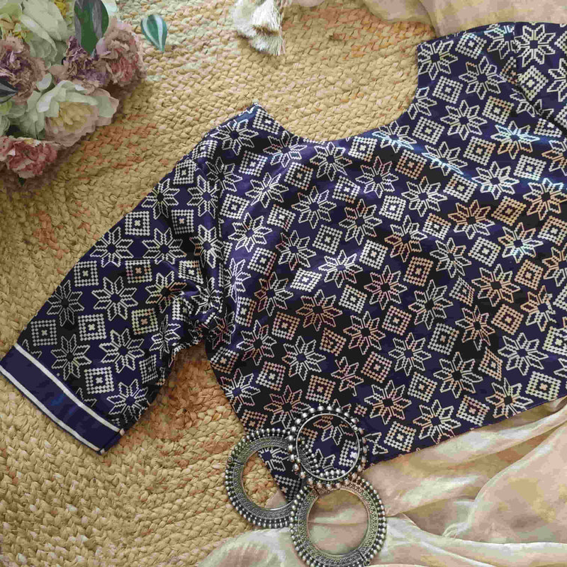 Purple Ikat Print Gaji Silk Readymade Blouse | Godhuli