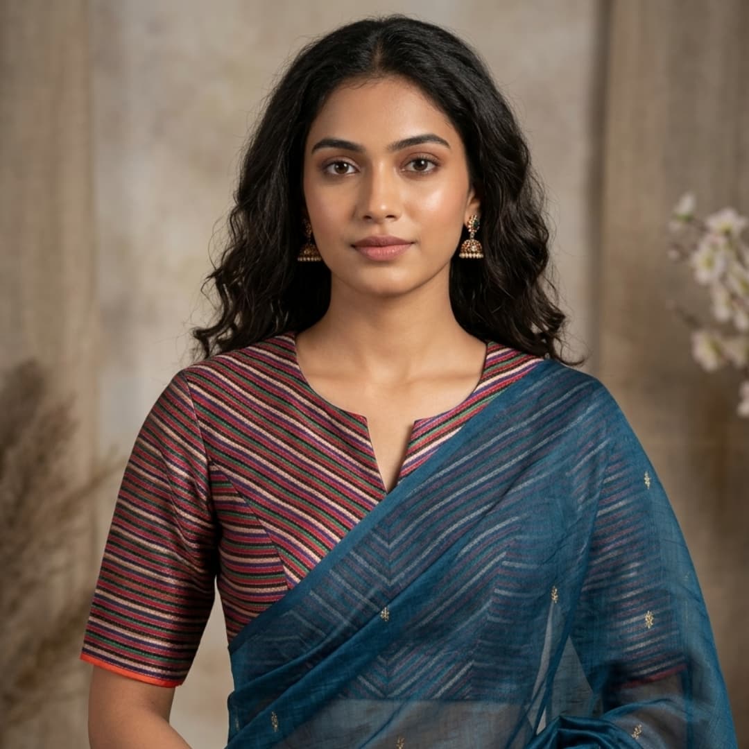 Rani Blue Green Stripes Multicoloured Gaji Silk Readymade Blouse | Godhuli