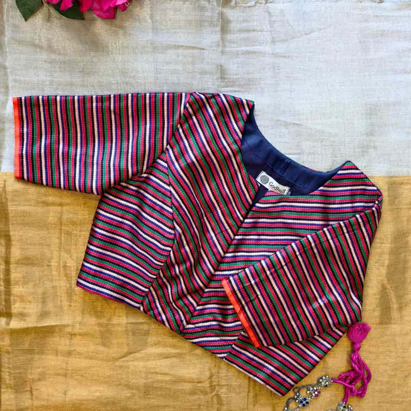 Rani Blue Green Stripes Multicoloured Gaji Silk Readymade Blouse | Godhuli