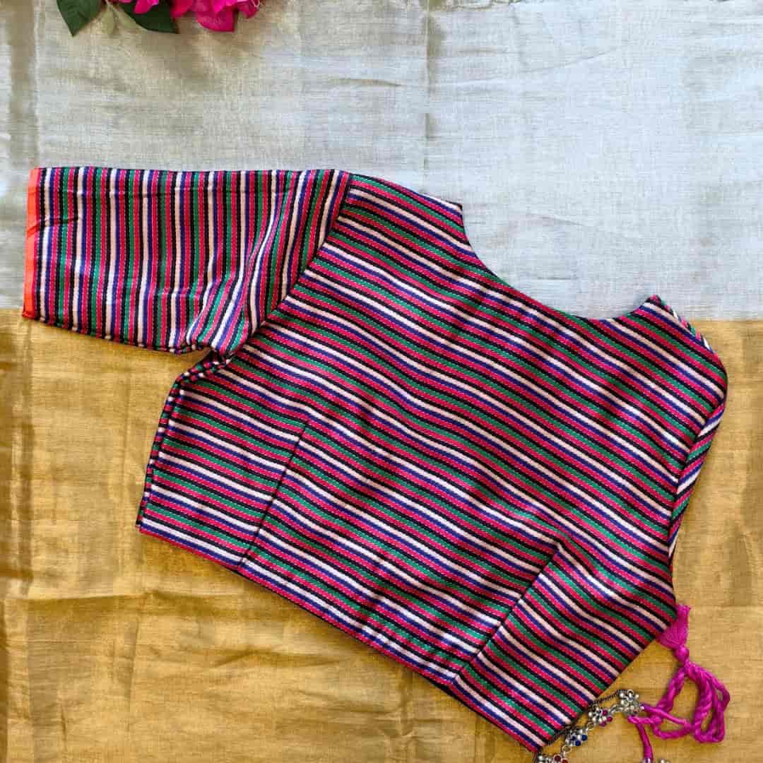 Rani Blue Green Stripes Multicoloured Gaji Silk Readymade Blouse | Godhuli