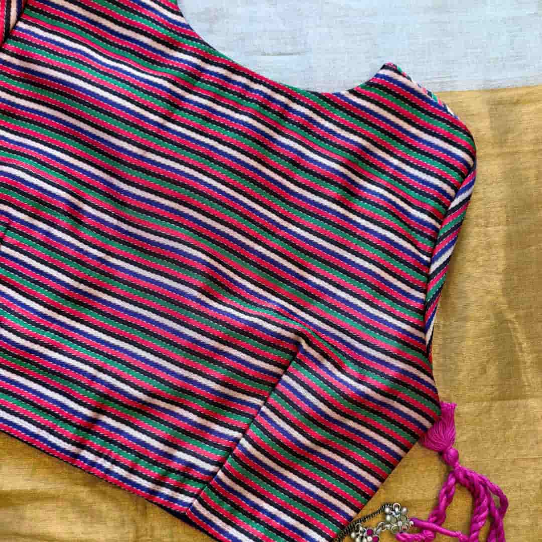 Rani Blue Green Stripes Multicoloured Gaji Silk Readymade Blouse | Godhuli