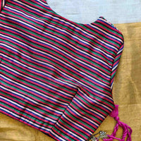 Rani Blue Green Stripes Multicoloured Gaji Silk Readymade Blouse | Godhuli