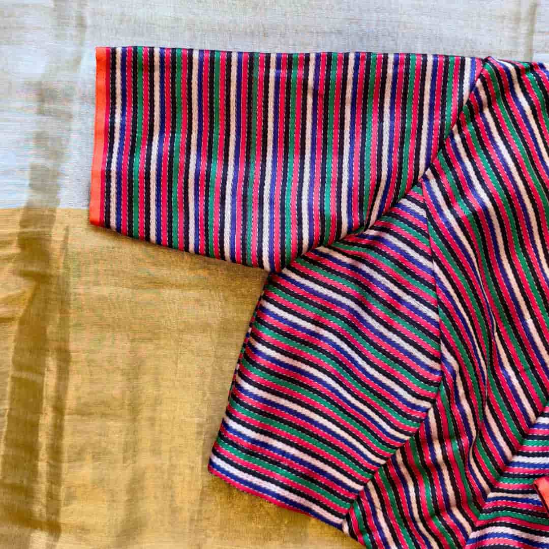 Rani Blue Green Stripes Multicoloured Gaji Silk Readymade Blouse | Godhuli
