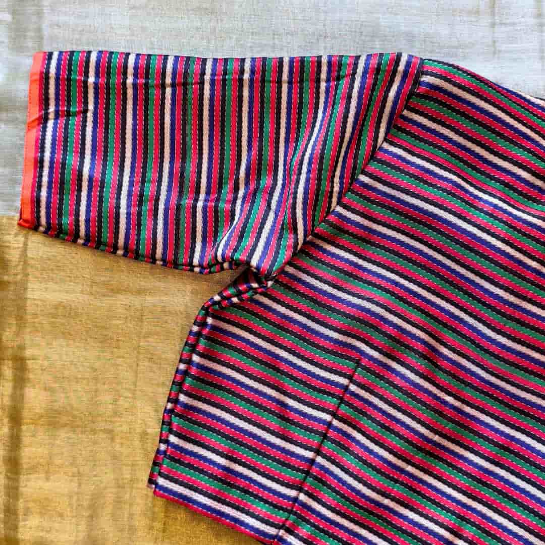 Rani Blue Green Stripes Multicoloured Gaji Silk Readymade Blouse | Godhuli
