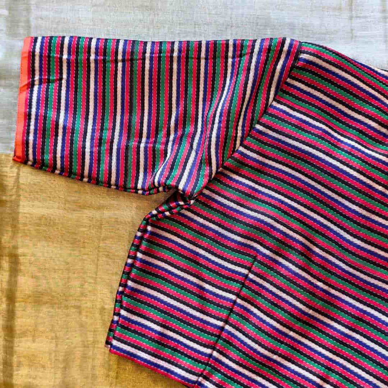 Rani Blue Green Stripes Multicoloured Gaji Silk Readymade Blouse | Godhuli