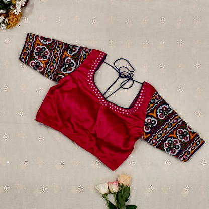 Rani Gaji Mirror work Blouse with Royal blue Kutchi Work Sleeves