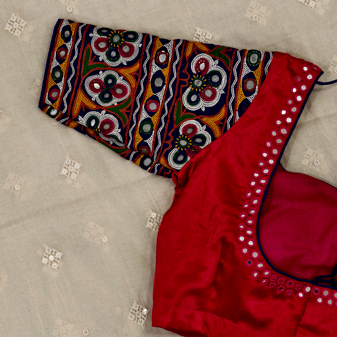 Rani Gaji Mirror work Blouse with Royal blue Kutchi Work Sleeves