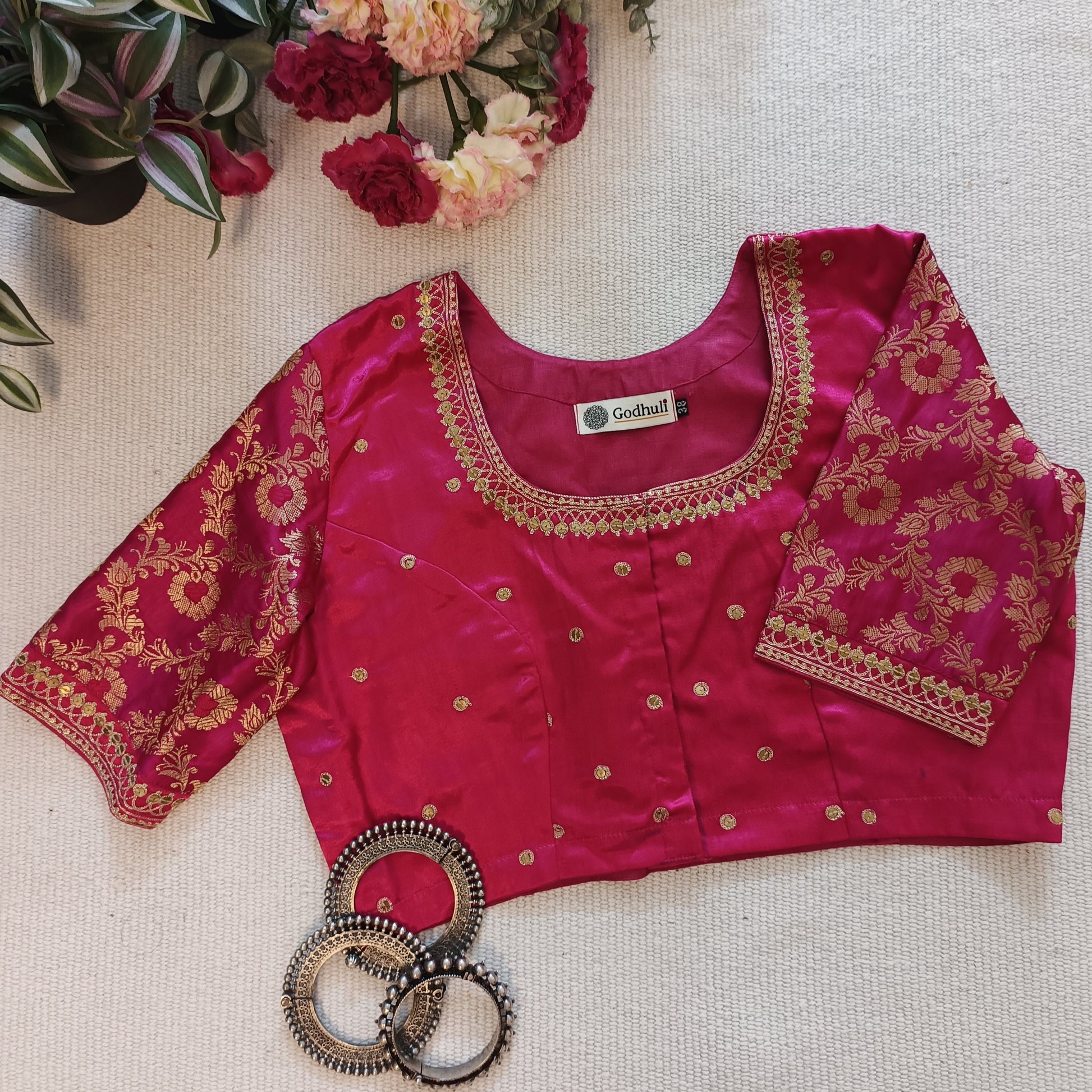 Rani Gaji Silk Brocade Sleeves Aari Work Blouse