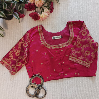 Rani Gaji Silk Brocade Sleeves Aari Work Blouse