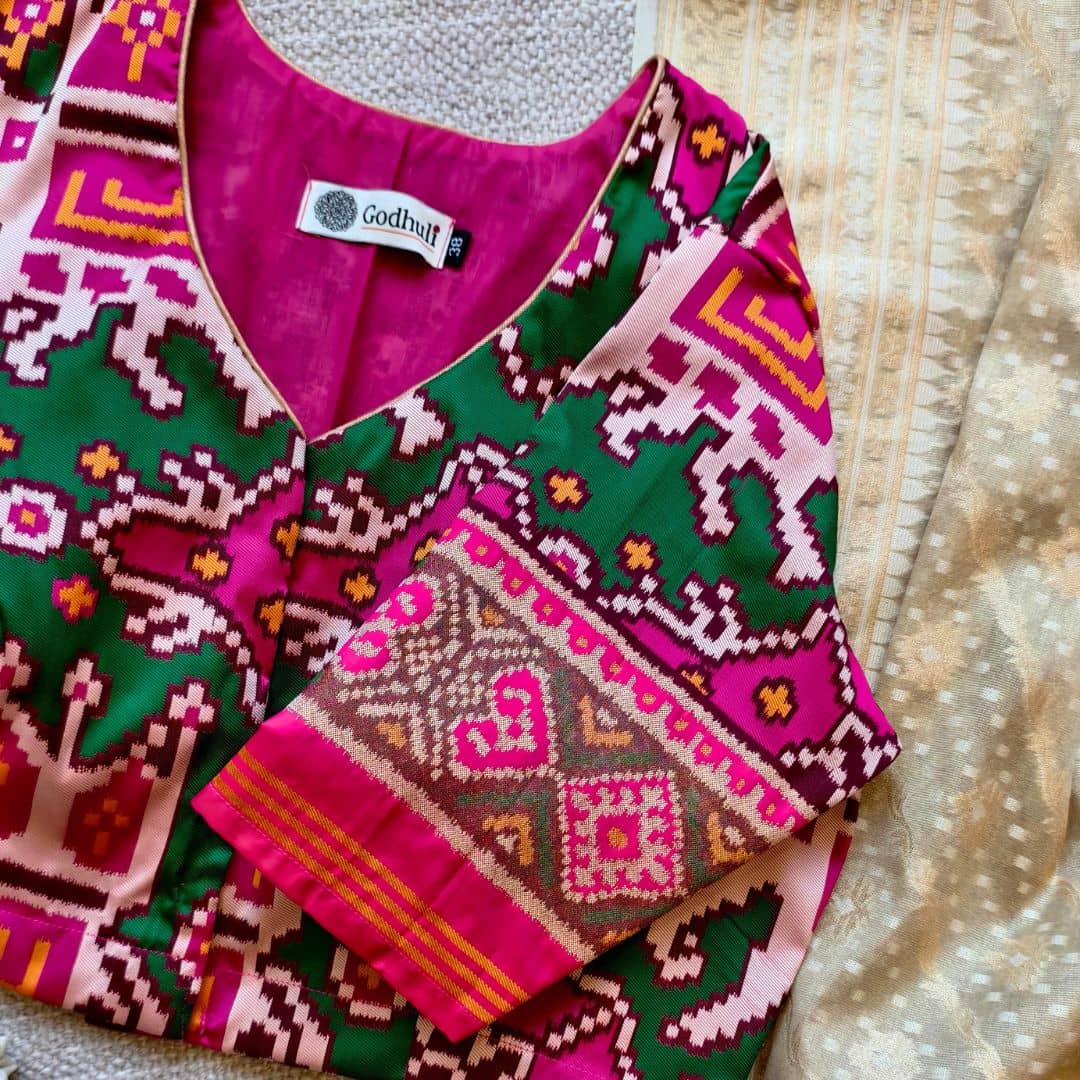 Rani Green Elephant Design Patola Readymade Blouse