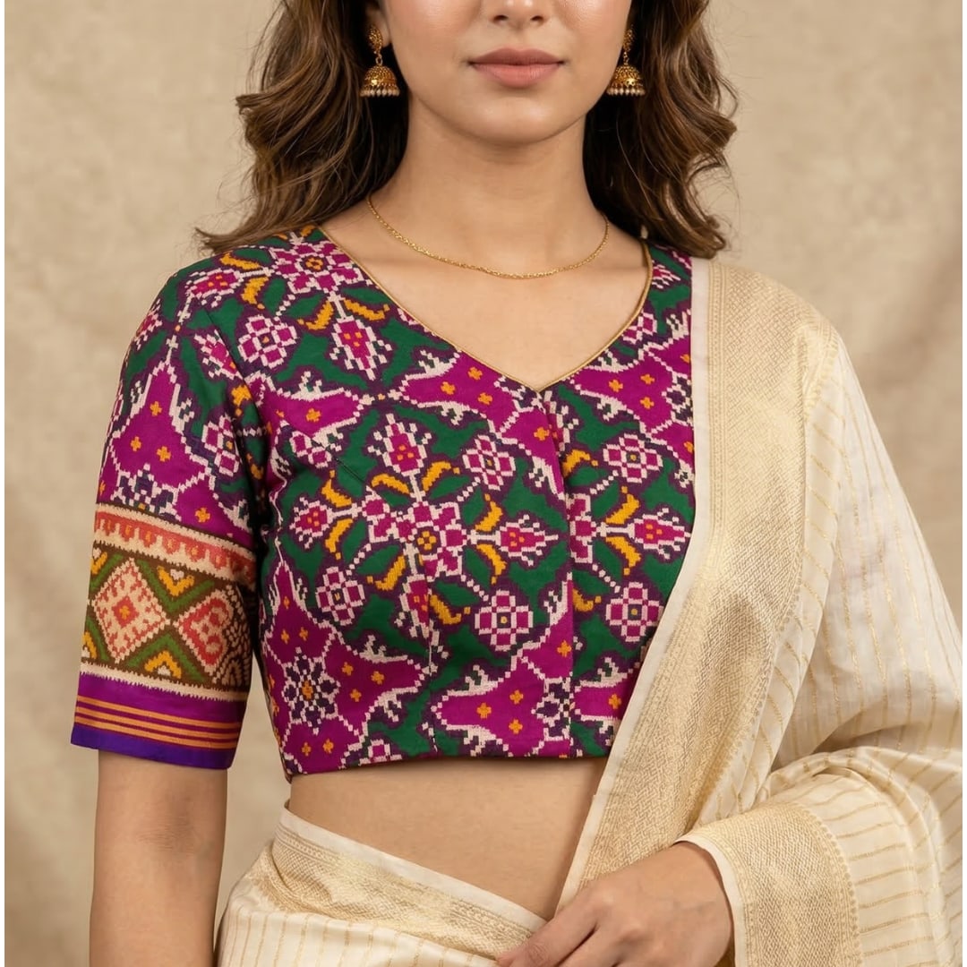 Rani Green Navratan Design Patola Readymade Blouse