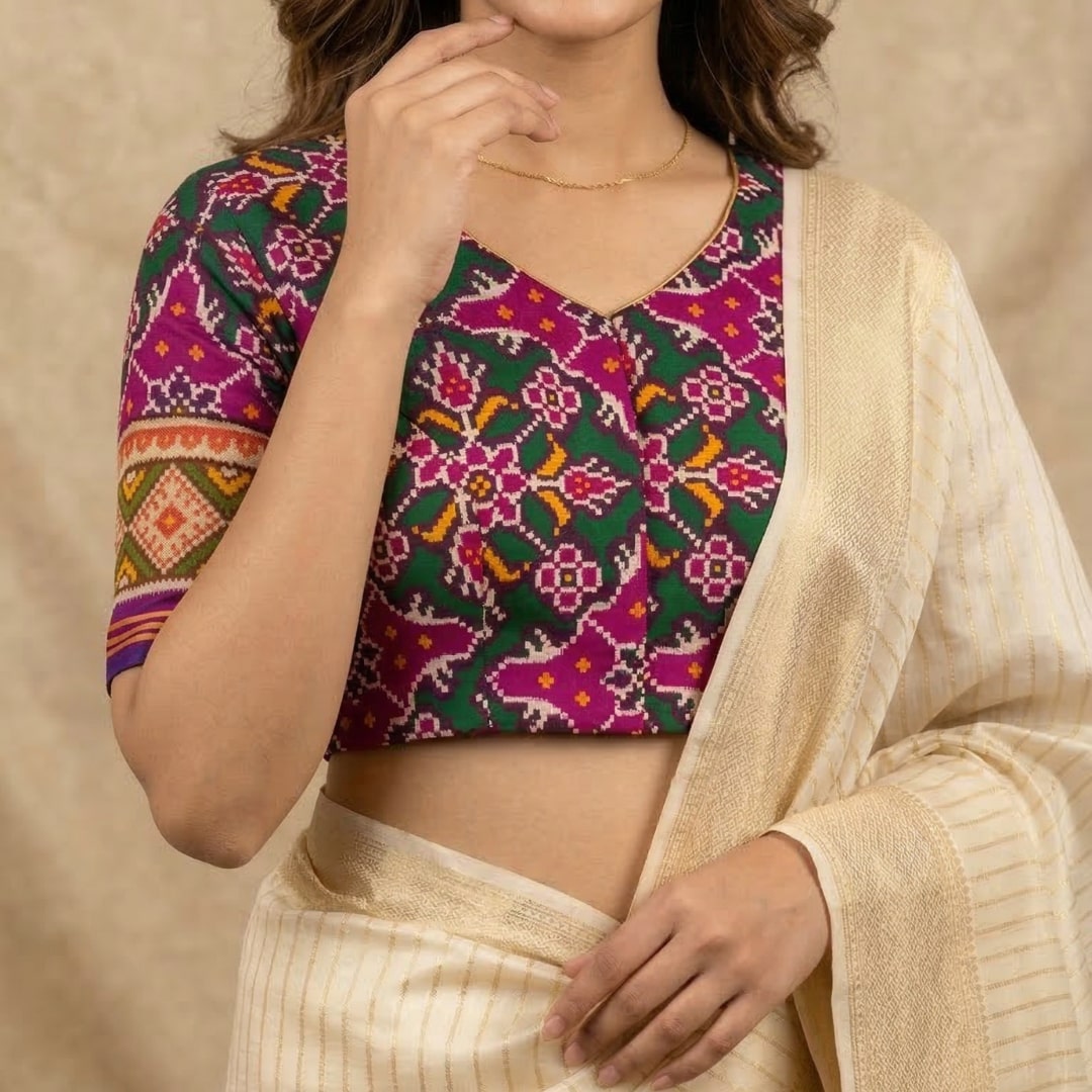Rani Green Navratan Design Patola Readymade Blouse