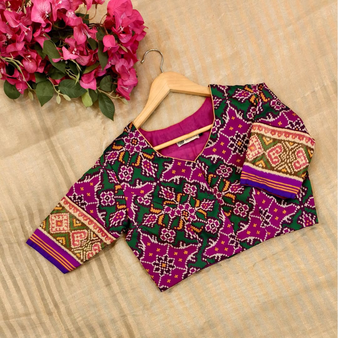 Rani Green Navratan Design Patola Readymade Blouse