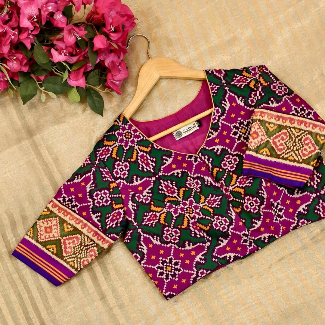 Rani Green Navratan Design Patola Readymade Blouse
