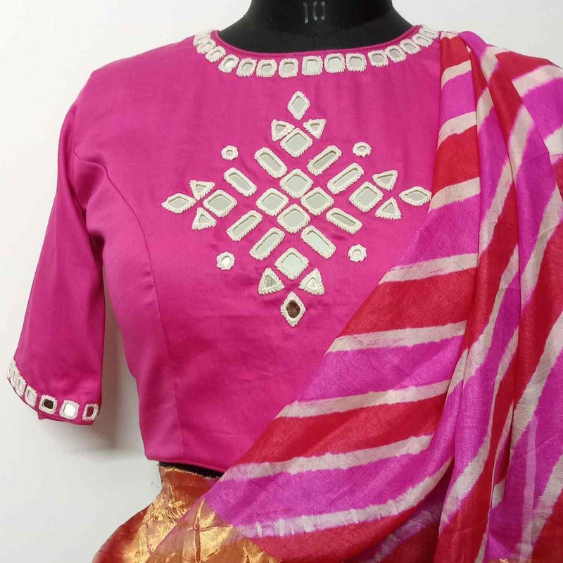 Rani High Neck Backless Mirrorwork Readymade Blouse | Godhuli