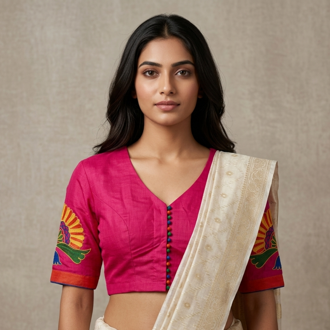 Rani Readymade Blouse with Peacock Aari Design Embroidery