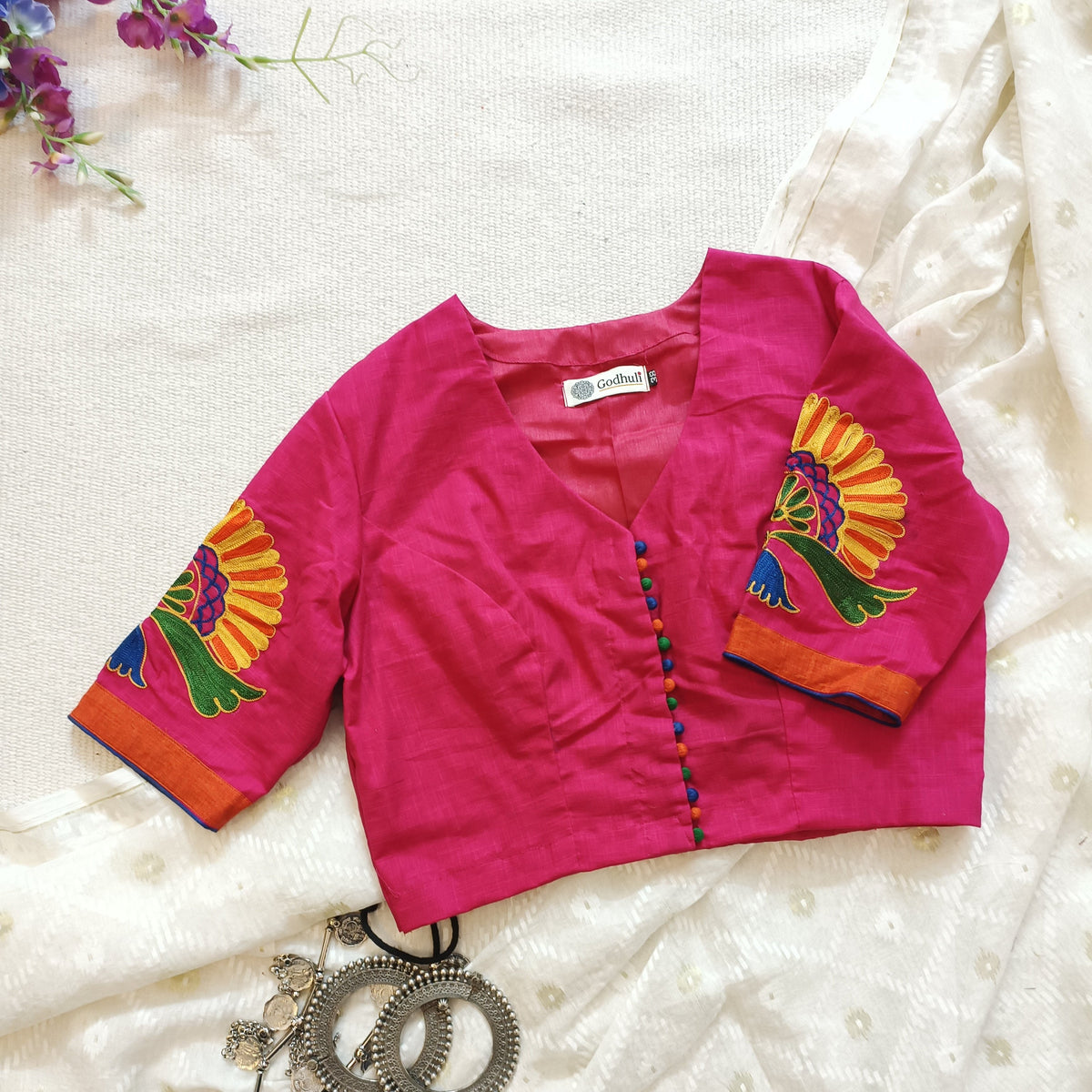 Rani Readymade Blouse with Peacock Aari Design Embroidery