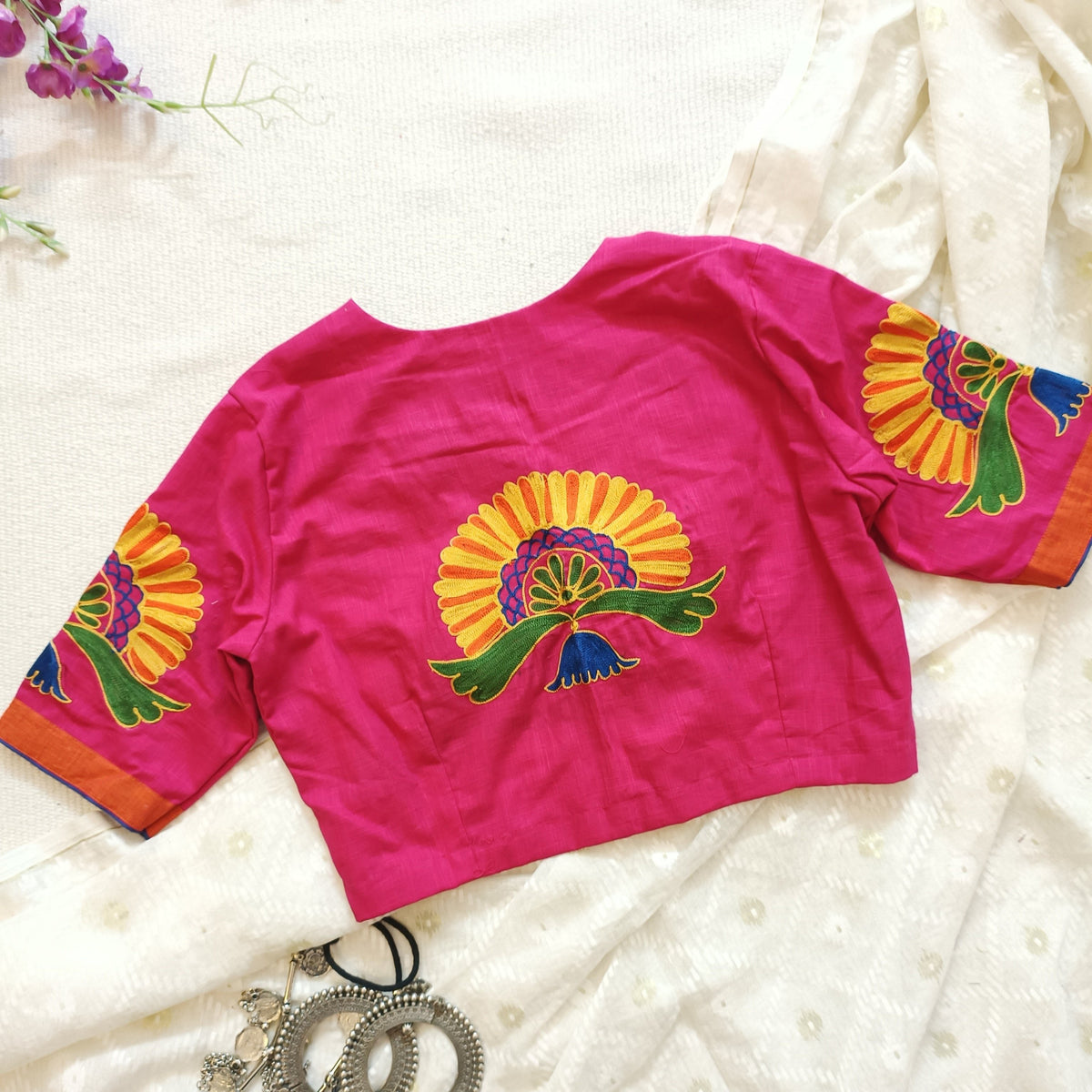 Rani Readymade Blouse with Peacock Aari Design Embroidery