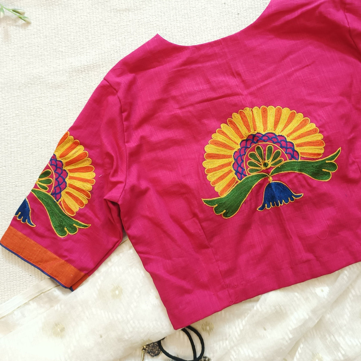 Rani Readymade Blouse with Peacock Aari Design Embroidery