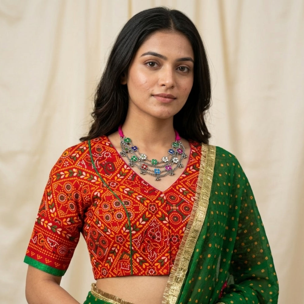 Red Bandhani Chundadi Print Readymade Blouse | Godhuli